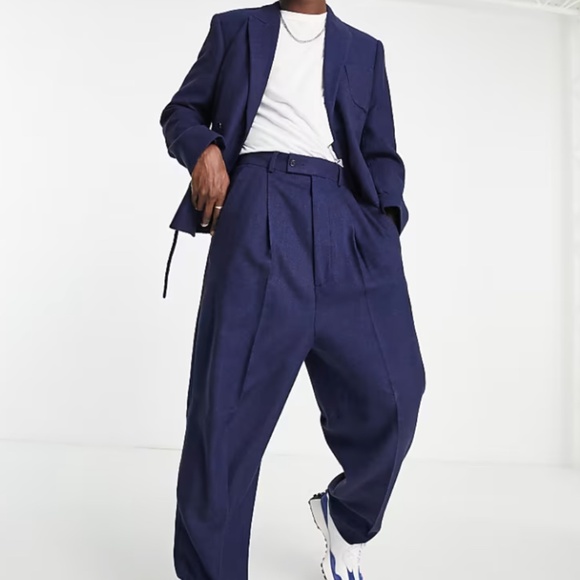 ASOS DESIGN High Waisted Baloon Wool Mix Twill Suit Pant size 31x32 in Navy - Picture 2 of 8